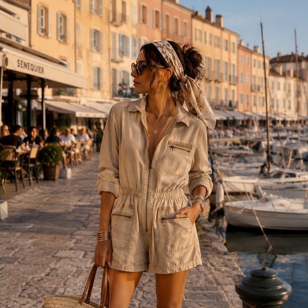 By Anthropologie Utility Romper Tan Khaki Zip Front Cargo Jumpsuit Size M‎